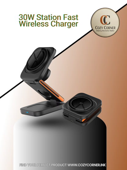 30W 3 in 1 Foldable Charging Station Fast Magnetic Wireless Charger Stand for iPhone 15 14 13 12 Apple Watch 8 7 6 Airpods Pro
