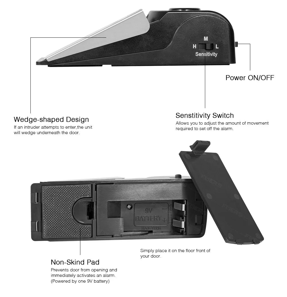 FUERS Système d’alarme d’arrêt de porte 120dB sans fil fort pour la sécurité à domicile Système de bloc de porte antivol Système portable d’alarme d’arrêt de porte