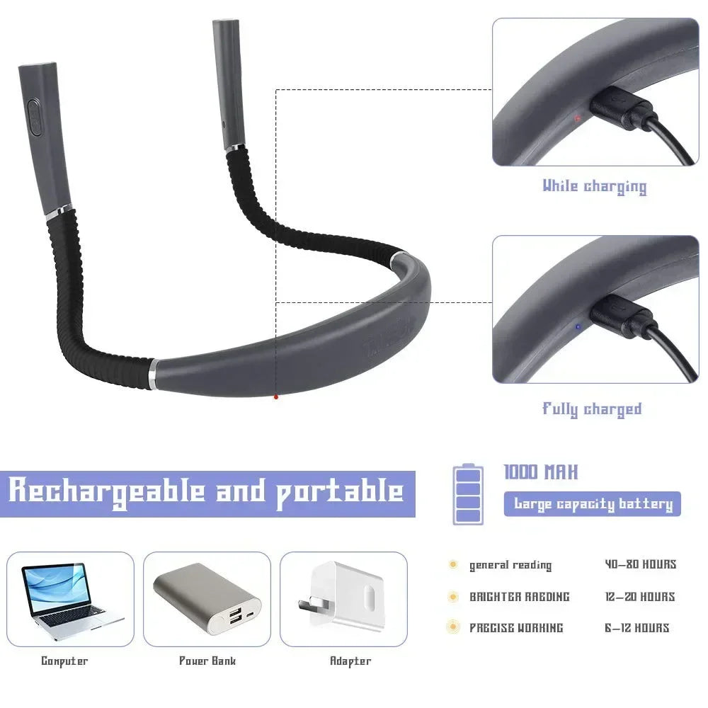 Lampe de lecture pour le cou Nouveauté Lumières flexibles pour le cou Lumière mains libres Livre Hanling Lire Lampe Portable USB Rechargeable Éclairage du livre