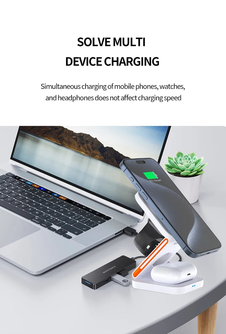 30W 3 in 1 Foldable Charging Station Fast Magnetic Wireless Charger Stand for iPhone 15 14 13 12 Apple Watch 8 7 6 Airpods Pro